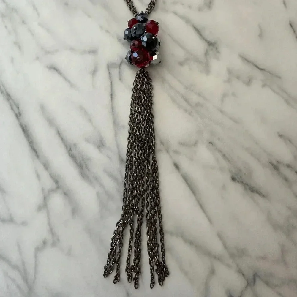 Aldo fashion necklace silver black and red stones @18” long
